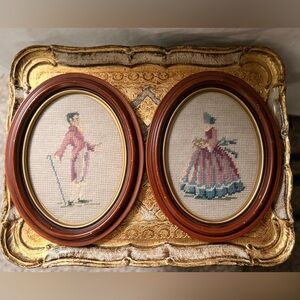 Vintage Style Framed Needlepoint Art in Gold and Brown